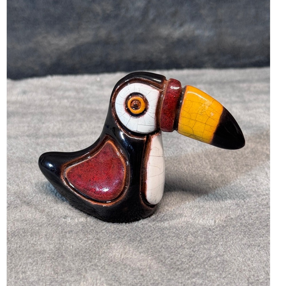 Ceramic Toucan Bird Figurine Studio Pottery Crackle Glaze Folk Art MCM 2.5"